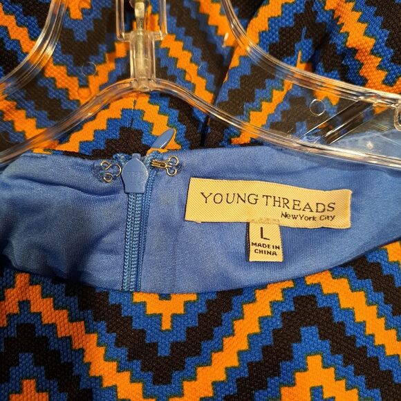 Young Threads Zig Zag Bodycon 3/4 Sleeve Dress Blue Orange Darts Women's size L - Picture 7 of 10
